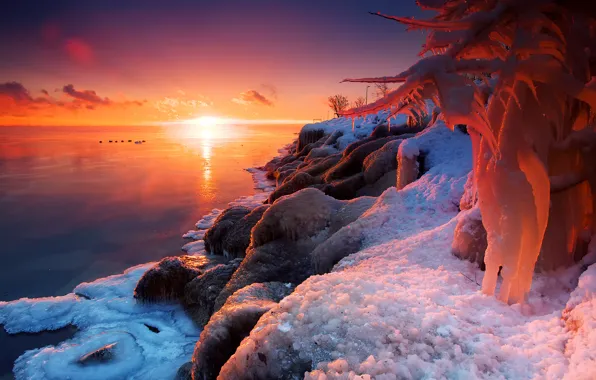 Картинка зима, солнце, свет, снег, природа, озеро, лёд, огонь и лёд