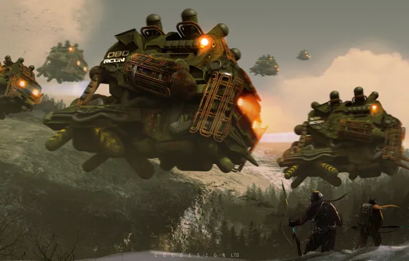 Лес, горы, воины, летательные аппараты, recon squad
