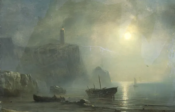 Пейзаж, масло, картина, холст, 1880, Вид на скалистый берег в лунном свете, Теодор Гюден, Theodore …