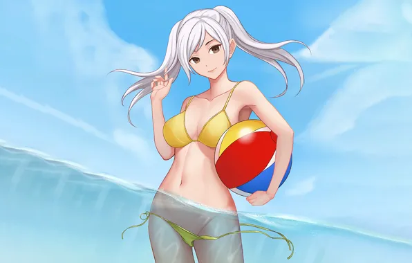 Girl, sexy, cleavage, long hair, sea, boobs, anime, water
