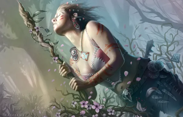 Картинка девушка, украшения, деревья, цветы, ветки, растения, арт, профиль