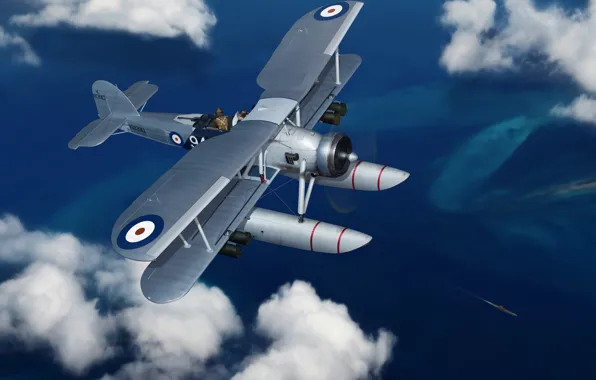 Картинка самолет, арт, бомбардировщик, британский, WW2., торпедоносец, Fairey Swordfish, гидросамолет