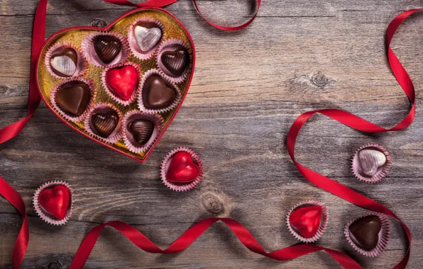 Картинка любовь, подарок, шоколад, конфеты, сердечки, сладости, love, wood