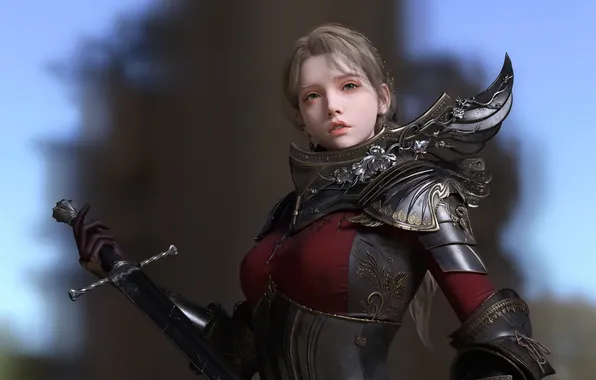 Sword, armor, weapon, blue eyes, women, brunette, warrior, steel