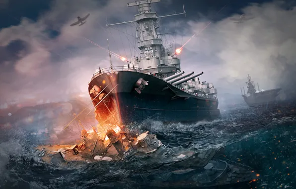Картинка море, брызги, корабли, бой, самолеты, стрельба, таран, World Of Warship