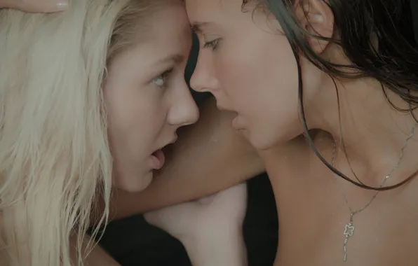 Beautiful, brunette, blonde, lesbian, gorgeous, shower, x-art, necklace