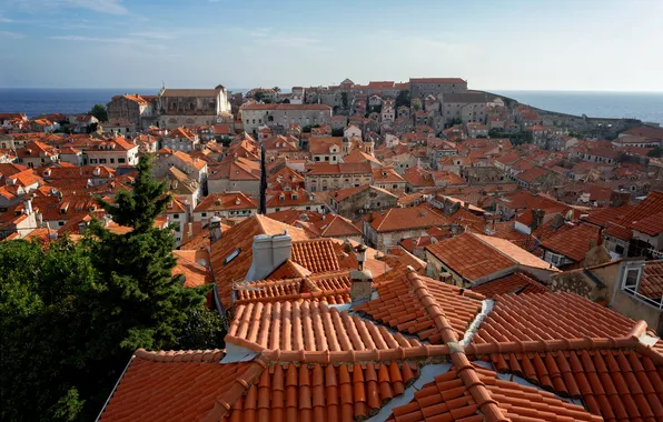 Картинка море, небо, дома, крыши, панорама, Хорватия, Дубровник, Далмация