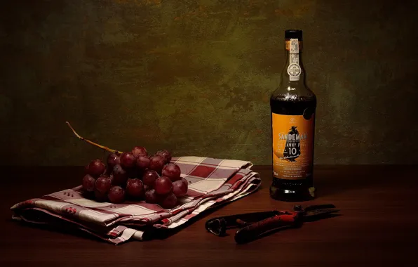 Стена, вино, бутылка, виноград, кусачки, скатерть