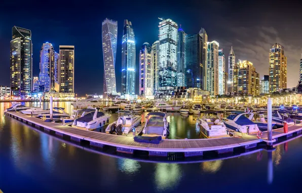 Картинка бухта, яхты, залив, Дубай, ночной город, Dubai, небоскрёбы, ОАЭ