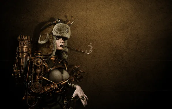 Картинка девушка, металл, фон, шапка, механизм, робот, кольцо, стимпанк