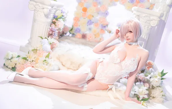 Lingerie, Asian, bodysuit, anime, stockings, flowers, model, women