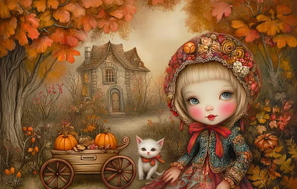 Поле, осень, кошка, белый, деревья, дом, котенок, узор