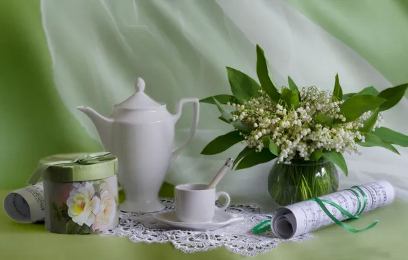 Картинка ноты, букет, чайник, чашка, натюрморт, ландыши