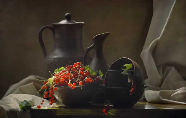 Ягоды, посуда, ткань, кувшин, натюрморт, красная, смородина, миски