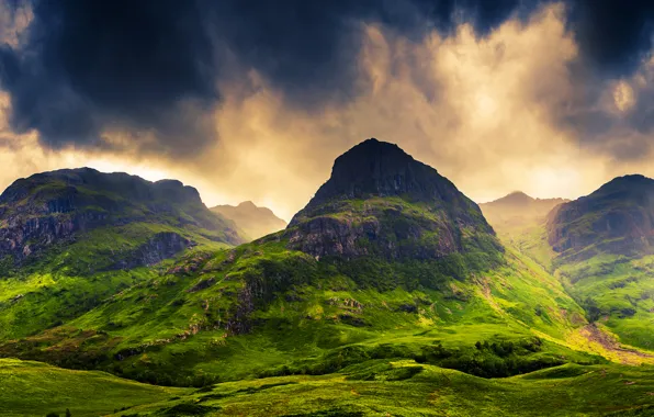 Картинка небо, трава, облака, пейзаж, горы, природа, Шотландия, Scotland