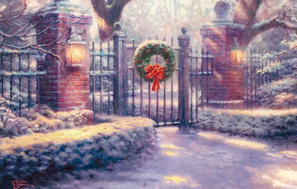 Картинка снег, Ворота, фонари, украшение, живопись, Томас Кинкейд, painting, Thomas Kinkade