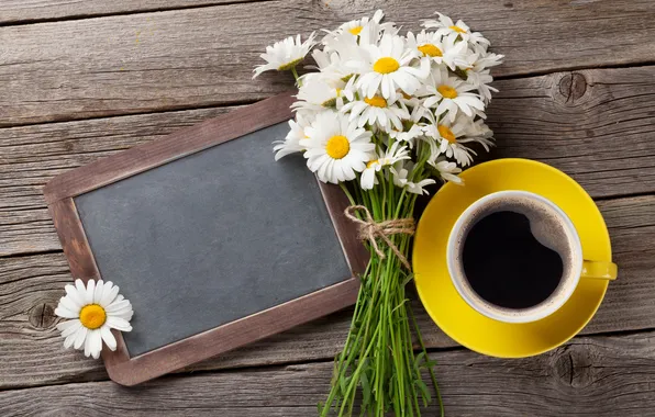 Цветы, ромашки, доска, wood, flowers, cup, coffee, camomiles