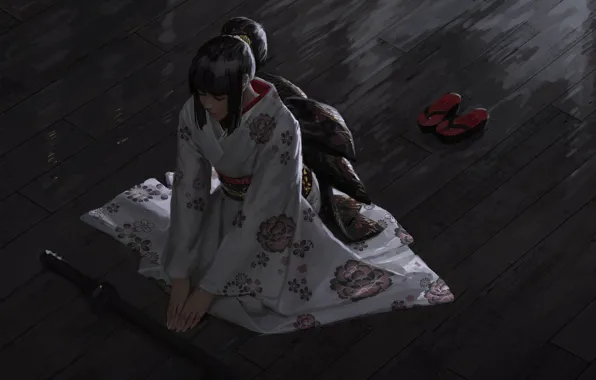 Картинка японка, медитация, кимоно, вид сверху, katana, сидит на полу, закрытые глаза, kimono