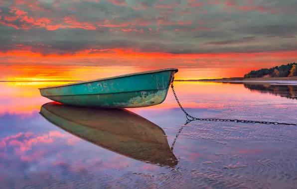 Sea, sunset, boat, chain