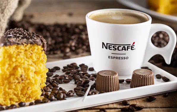Кофе, зерна, конфеты, чашка, пирожное, coffee, candy