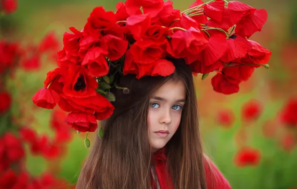 Цветы, природа, маки, девочка, венок