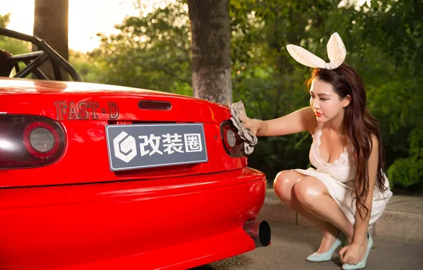 Картинка взгляд, Девушки, азиатка, красивая девушка, красный авто, позирует над машиной, Mazda MX5