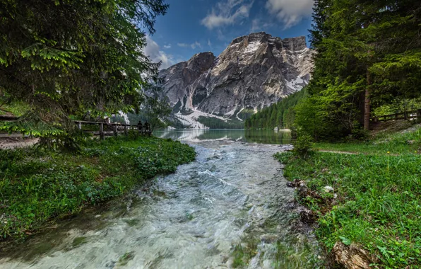 Картинка деревья, горы, озеро, река, Альпы, Италия, Italy, Южный Тироль