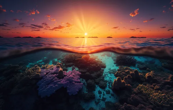 Nature, Sunset, Underwater, Seascape, AI art, Coral reef