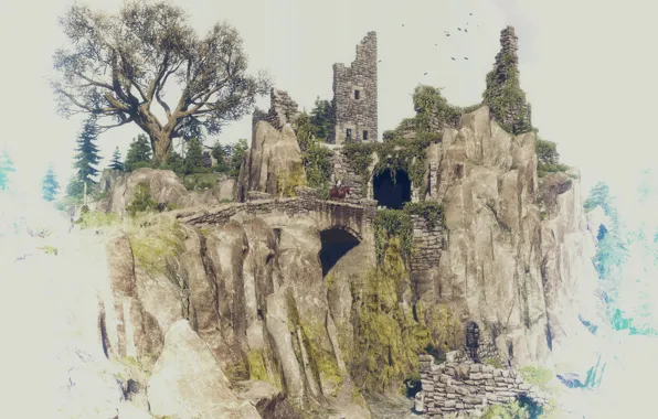 Картинка гора, всадник, руины, The Witcher 3