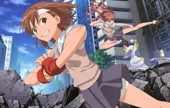 Улица, драка, разрушение, школьницы, to aru majutsu no index, shirai kuroko, mikoto misaka