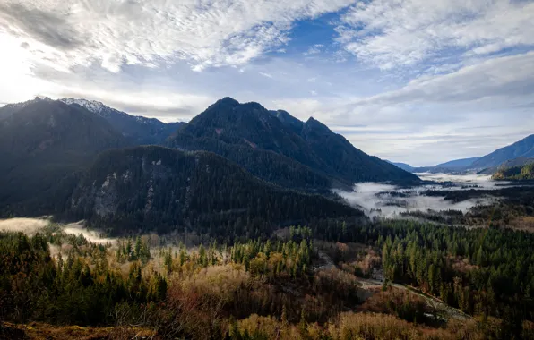 Дорога, осень, лес, небо, облака, горы, туман, берег