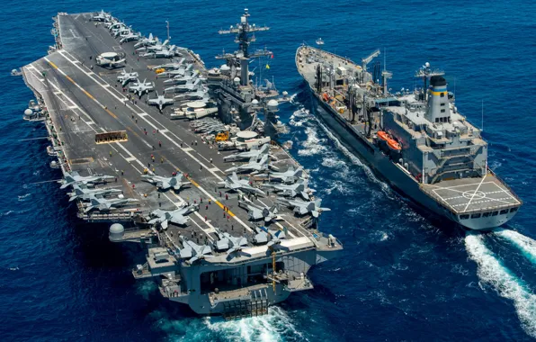 Море, оружие, армия, aircraft carrier USS Carl Vinson (CVN 70), replenishment oiler USNS Yukon (T-AO …