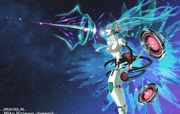 Картинка небо, девушка, звезды, ночь, оружие, арт, Hatsune Miku, Vocaloid