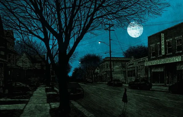 Картинка деревья, машины, ночь, луна, улица, мрак, дома, фонари