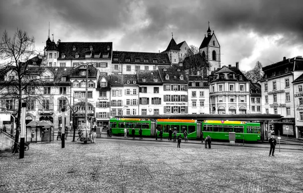 Картинка краски, дома, Швейцария, площадь, трамвай, Базель