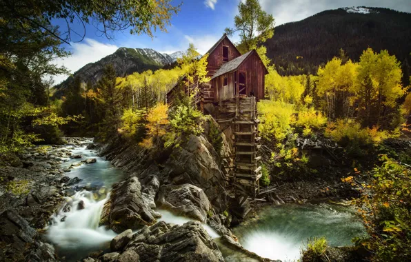 Картинка осень, деревья, горы, скала, река, Колорадо, водяная мельница, Colorado