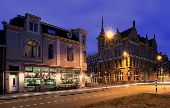 Улица, вечер, фонари, Нидерланды, Haarlem
