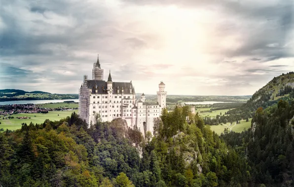Лес, пейзаж, замок, гора, Германия, Bavaria, Hohenschwangau