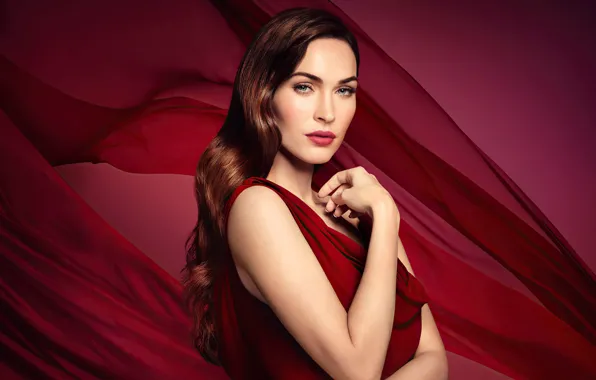 Картинка взгляд, девушка, красный, лицо, Megan Fox, фото, фон, волосы