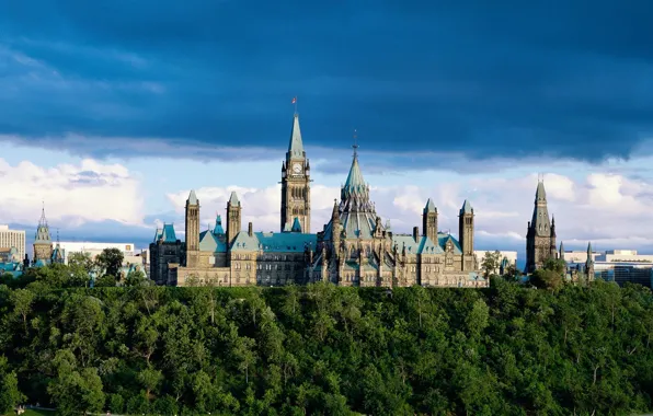 Облака, деревья, здание, Парламент, Канада, Онтарио