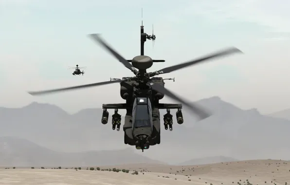 Картинка песок, горы, пара, полёт, вертолёт, ударный, разведывательный, OH-58 Kiowa