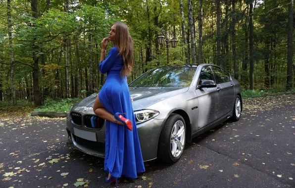 Девушки, BMW, платье, красивая девушка, серый авто, позирует над машиной