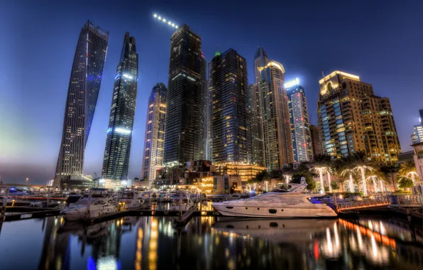 Ночь, огни, Дубай, skyline, ОАЭ