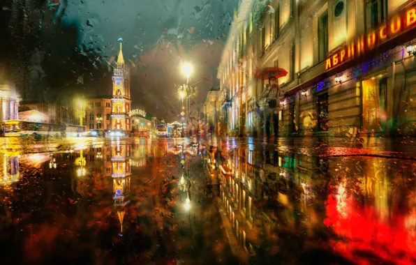 Картинка зима, дорога, город, дождь, улица, здания, вечер, освещение