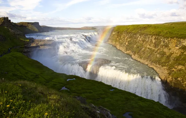 Картинка река, обрыв, водопад, радуга, поток, Исландия, Seljalandsfoss