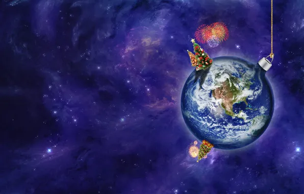 Картинка космос, земля, праздник, планета, новый год, шарик, 2012