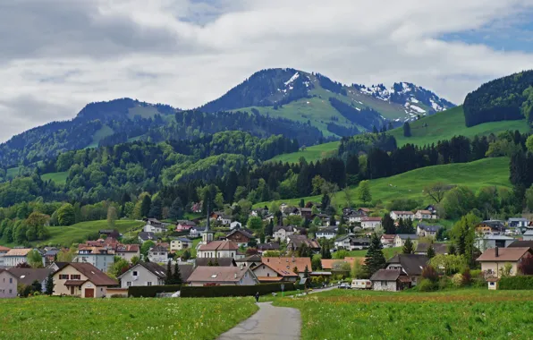 Картинка горы, город, дома, Швейцария, Gruyere
