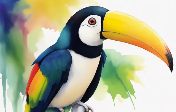 Птицы, птица, рисунок, colorful, акварель, тукан, bird, разноцветный