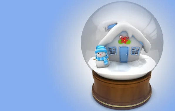 Картинка зима, подарок, домик, снеговик, детская, снежный шар, 3D, арт. Новый год