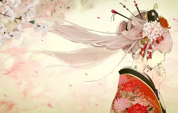 Картинка девушка, весна, сакура, арт, кимоно, цветение